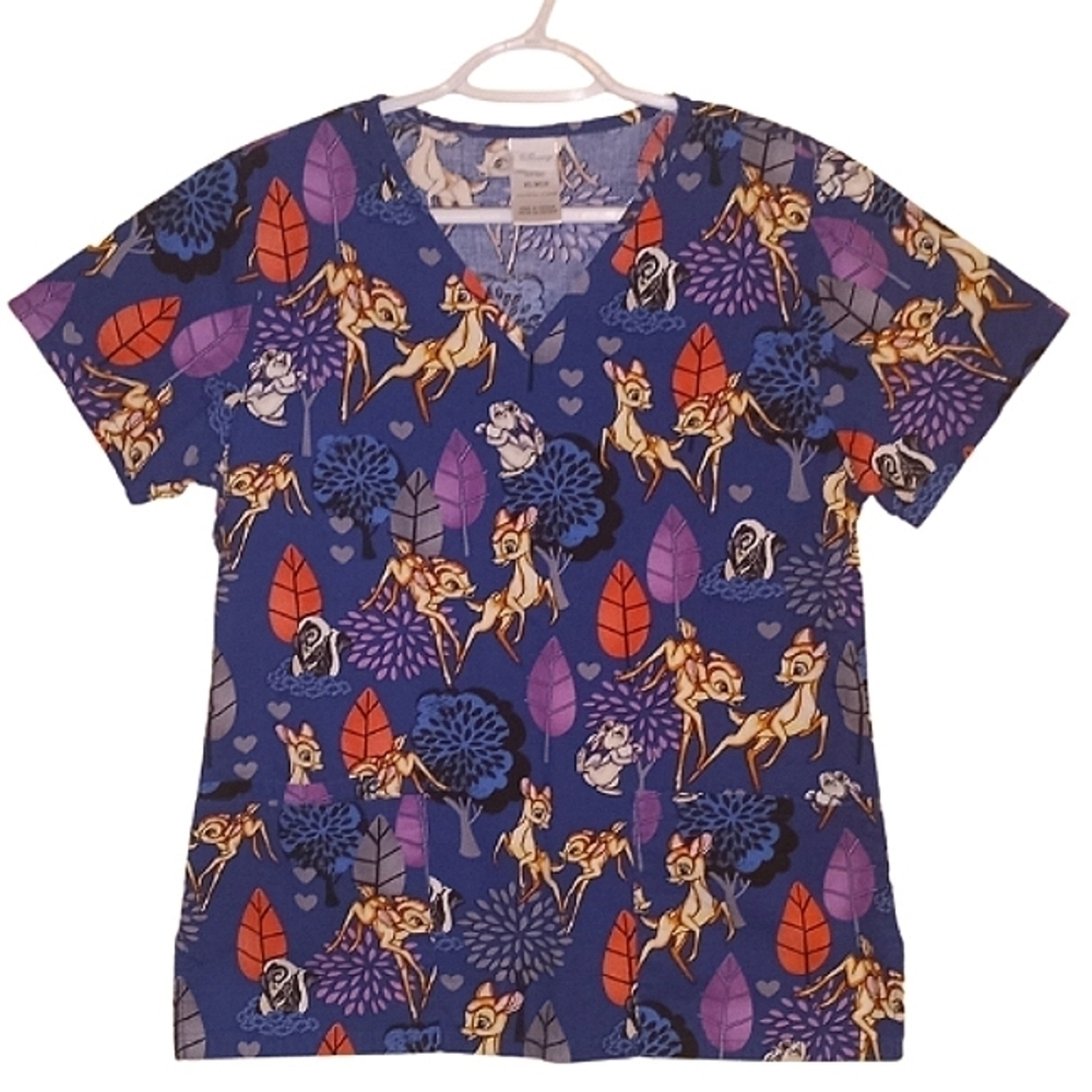 DISNEY Women's Scrub Top Bambi & Woodland Creature Friends XS EUC - Picture 1 of 3